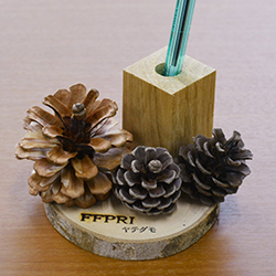 木の枝を輪切りにした土台の上に松ぼっくりと木製のペン立てを付けた作品