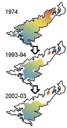 Figure. Changes in the distribution of Amami rabbits