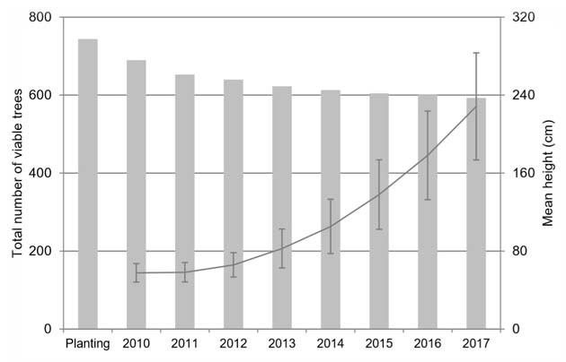 Figure. Annual changes in the total number of viable trees