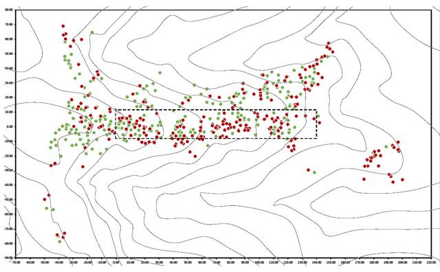 図-1.2021年時点のモニタリング試験地内の生存木（緑丸印）と枯損木（赤丸印）