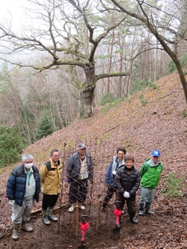 「口大屋の大アベマキ」植樹式後に中区民の方々とシカ保護柵設置（原木を背に撮影）