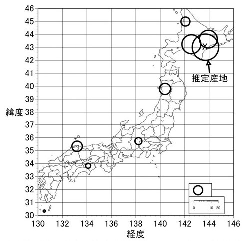 日本地図。北海道に推定産地の丸。