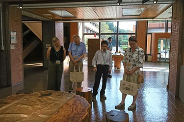 森林総合研究所玄関ホールで展示物を見学する様子