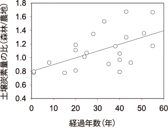 農地から森林へ転換された土壌が経年し炭素量が増加する図