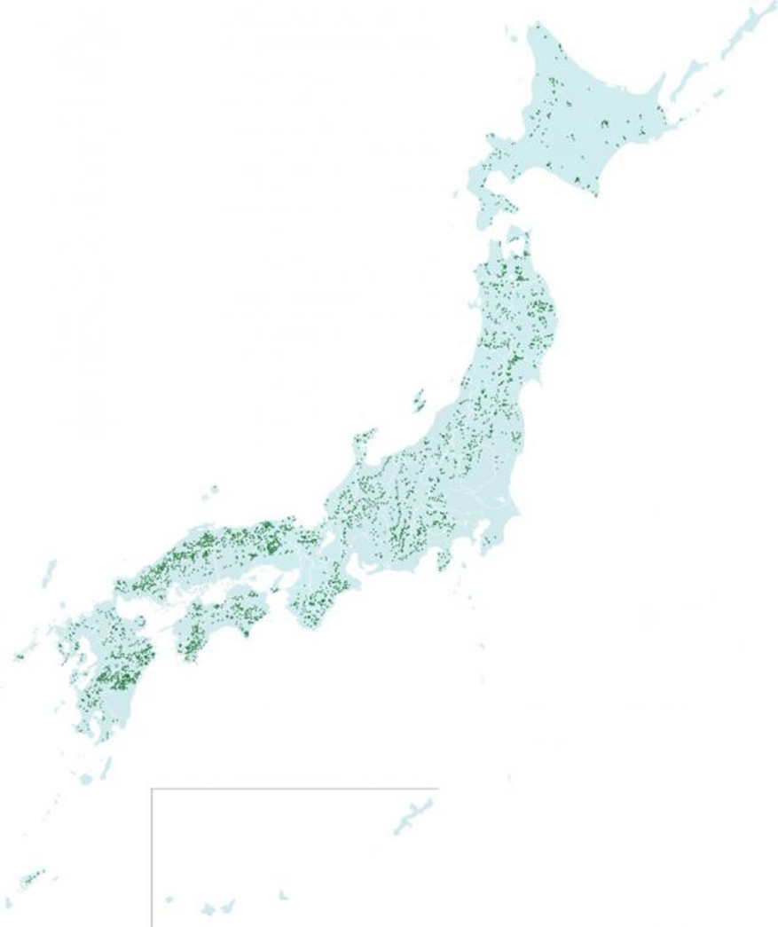 水源林造成事業の契約地が緑の点で示されている日本全国地図