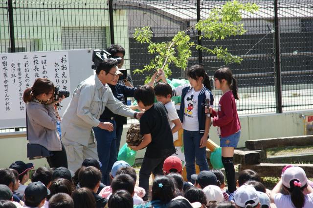 児童代表に手渡されたおおえのき