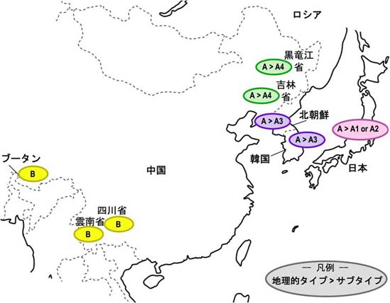 図4　レトロエレメントに基づくアジア産マツタケの分布