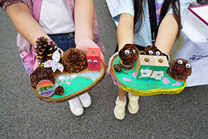 木片と様々な球果に目玉シールなどを飾り、カラフルにペイントしてオリジナルオーナメントに！