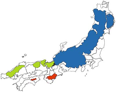図1:ツキノワグマの分布域と各遺伝グループの分布状況