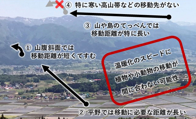 図1.温暖化で、以前と同じ気温を求めて生物が移動する状況を示す図