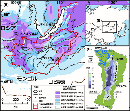 図1.シベリア永久凍土連続地帯（モンゴル北西部・フブスグル湖周辺）の図
