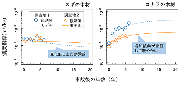 図1：スギ（左）とコナラ（右）の木材中のセシウム137濃度の予測結果を示す図