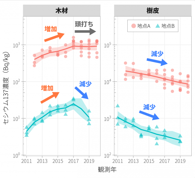 2011年～2020年に木材・樹皮中の放射性セシウム濃度を定期的に観測し、動的線形モデルを用いて経年変化傾向を解析したグラフ