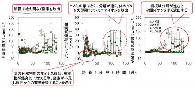 図4 培養（分解）時間（週）と全窒素濃度、アンモニア態窒素濃度、硝酸態窒素濃度それぞれのグラフ