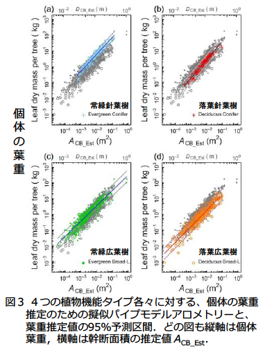 図3 4つの植物機能タイプ各々に対する、個体の葉重推定のための疑似パイプモデルアロメトリーと、葉重推定値の95％予測区間。どの図も縦軸は個体葉重、横軸は幹断面積の推定値ACB_Est