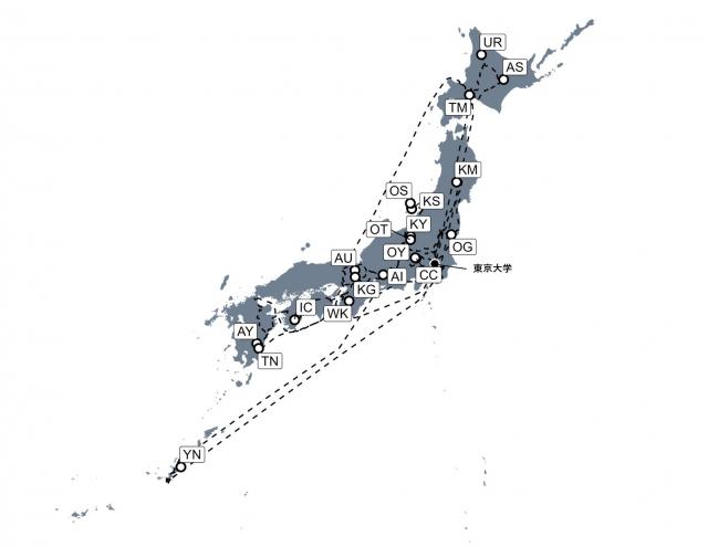 19地点の森林調査地にて木本性つる植物の分布状況を踏査した日本列島の調査経路図