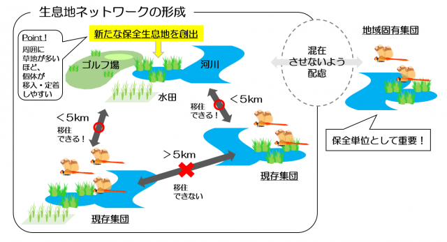 成虫は約5km以内の距離を移住でき、生息地の周囲1km以内に草地が多いほど移入してきた個体が定着しやすいことを示した図