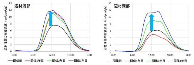 左：辺材浅部の樹液流速と右：辺材深部の樹液流速の違いを示すグラフ