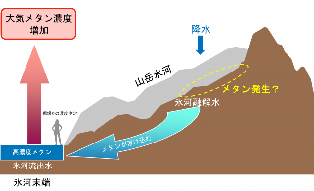 アラスカ山岳氷河底面からの融解水にメタンが溶け込み最終的に大気中のメタン濃度が増加するという本研究の概念を表した図