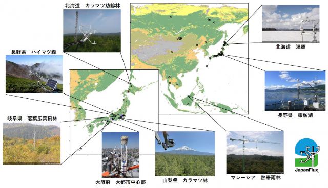 北海道、長野県、岐阜県、大阪府、山梨県、マレーシアの観測地点などを示した地図