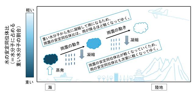 水の安定同位体比（水分子に占める重い水分子の割合）を示す図