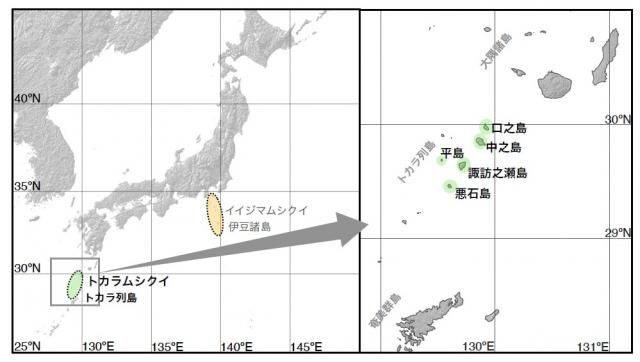 図1左：伊豆諸島とトカラ列島の位置がわかる地図。右：トカラ列島全体を示した地図。