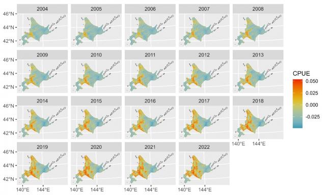 2004年~2022年にかけてアライグマの生息密度が高まっていることを示している図