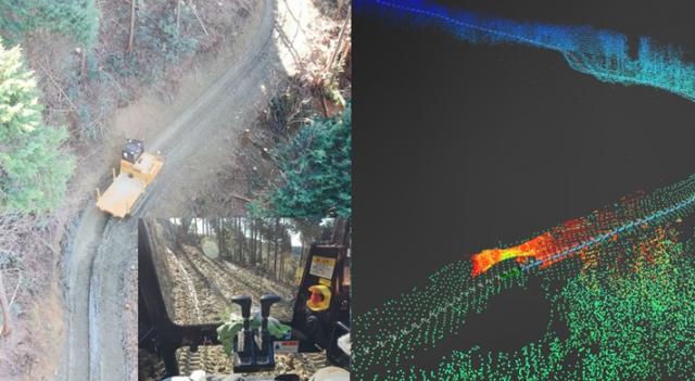 LiDARによる3次元点群データを使って、作業道上で自分の位置を特定しながら自動で丸太を運搬するフォワーダの開発