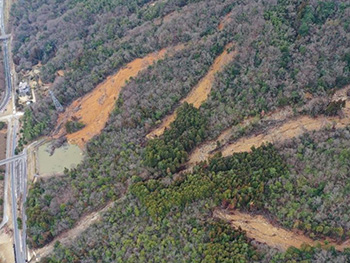 写真2：森林斜面に発生した複数の斜面崩壊の様子です。崩壊地の分布や形状を調べ、土砂災害の発生条件やメカニズムの解明に役立てていま