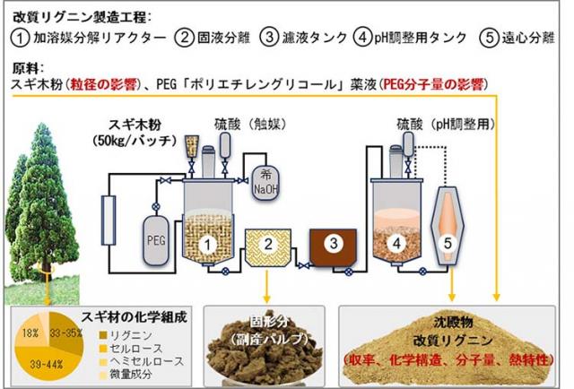 図1 スギ材からの改質リグニンの製造工程