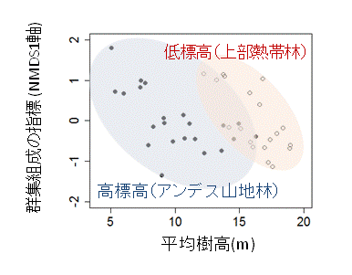 図：森林の群集組成を表す指標と平均樹高との関係