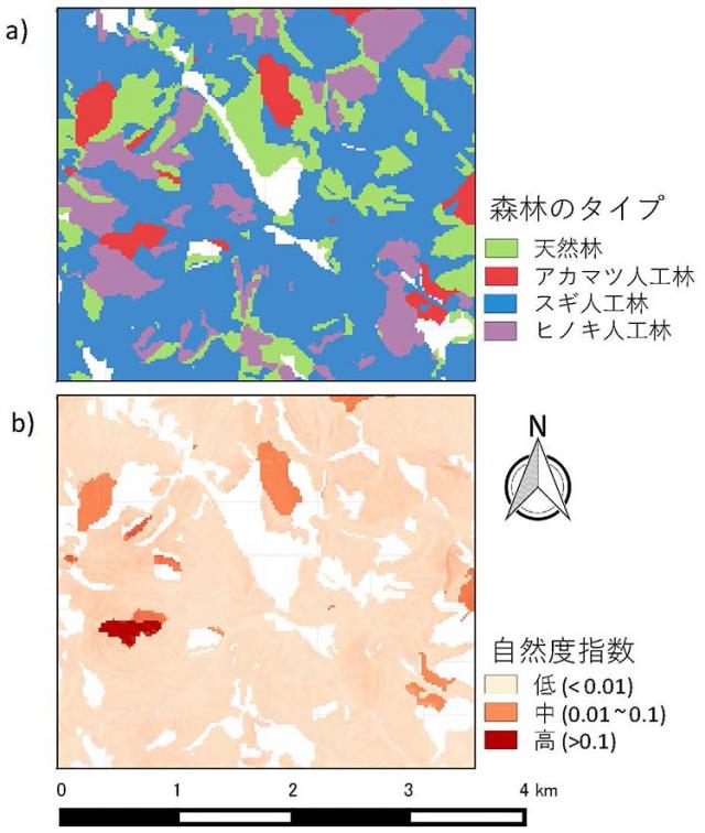 図1  茨城県北部の人工林の生物多様性の予測図