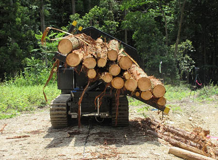 写真1：無人荷おろし作業中のフォワーダ