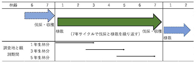 図1 7年間の総排出量を、3つの林分の2年半の観測から推定した仕組み