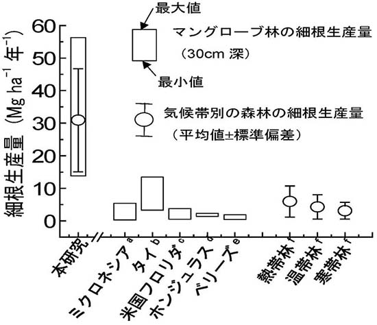 図：マングローブ林とそれ以外の森林生態系の年間細根生産量