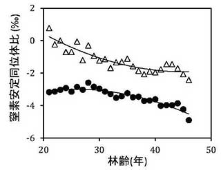 図（右）：林齢に対する窒素安定同位体比の変化