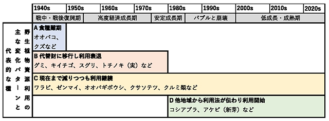 表：食用野生植物利用の主な変化パターン