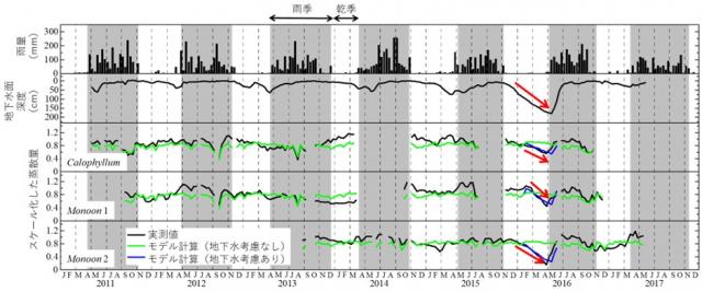 縦軸に雨量、地下水面深度、スケール化した蒸散量、横軸に西暦年を配置