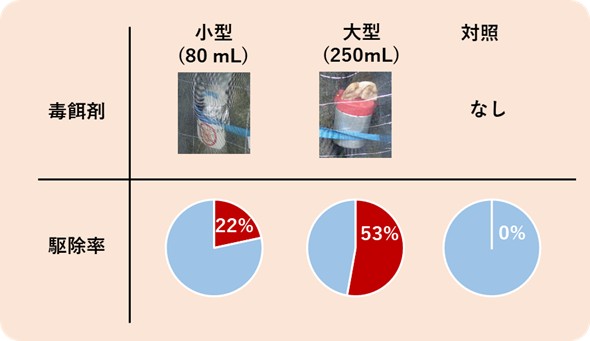 毒餌剤80mlの駆除率は22％に対し、毒餌剤250mlの駆除率は53％である表