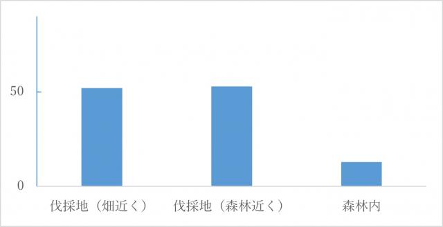 昆虫の個体数の棒グラフで、伐採地畑近く50、伐採地森林近く51、森林内10