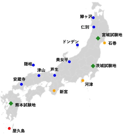 北海道と沖縄を除く日本地図にスギ天然林がある地名と試験地名を記した