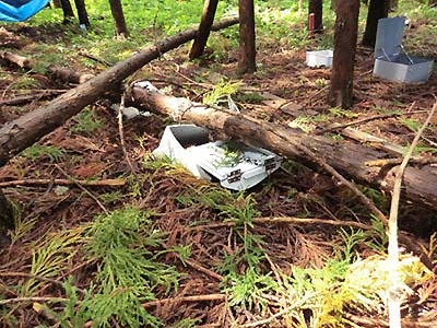 写真5 台風による風倒木で破損した観測機器