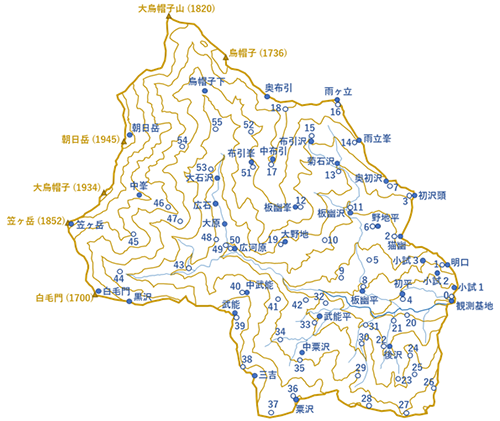 図1：宝川試験地内の雨量計と積雪深計の位置