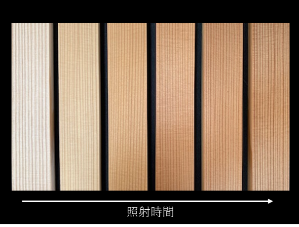淡色のスギ材に紫外線を含む人工太陽光を照射すると、照射時間が長くなるにつれて表面の色が徐々に濃くなっていきます。